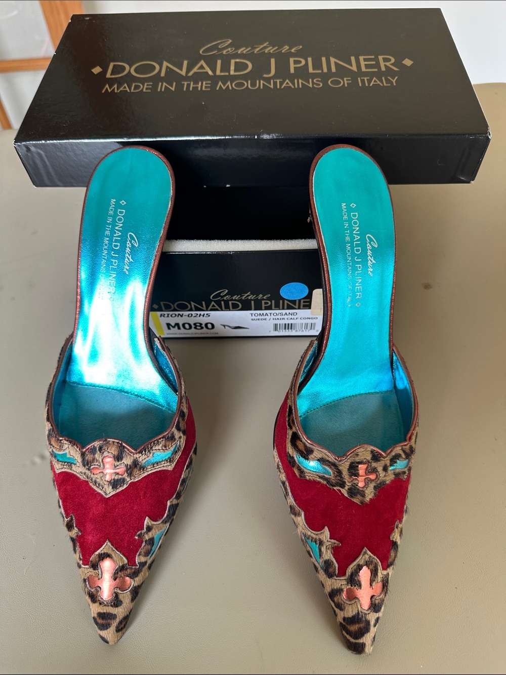 Donald J. Pliner Red Suede & Leopard-Trim Pointed Slide Mules